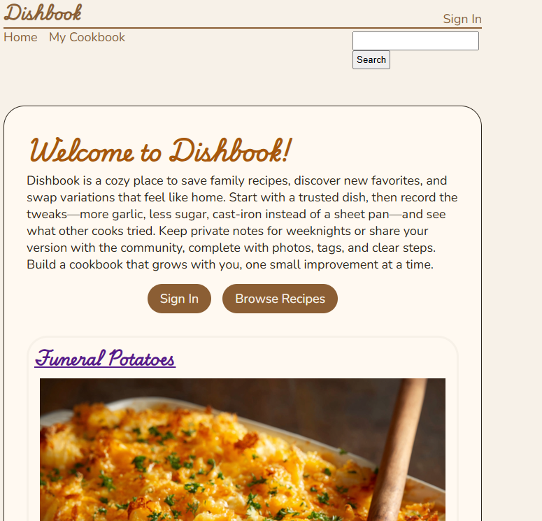 Image of a cookbook website called 'Dishbook' with a
                                short bio and a recipe cards underneath.