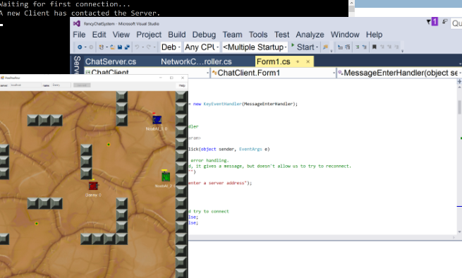Image of the multiplayer Snake Game with two snakes
                                on a map eating pellets.